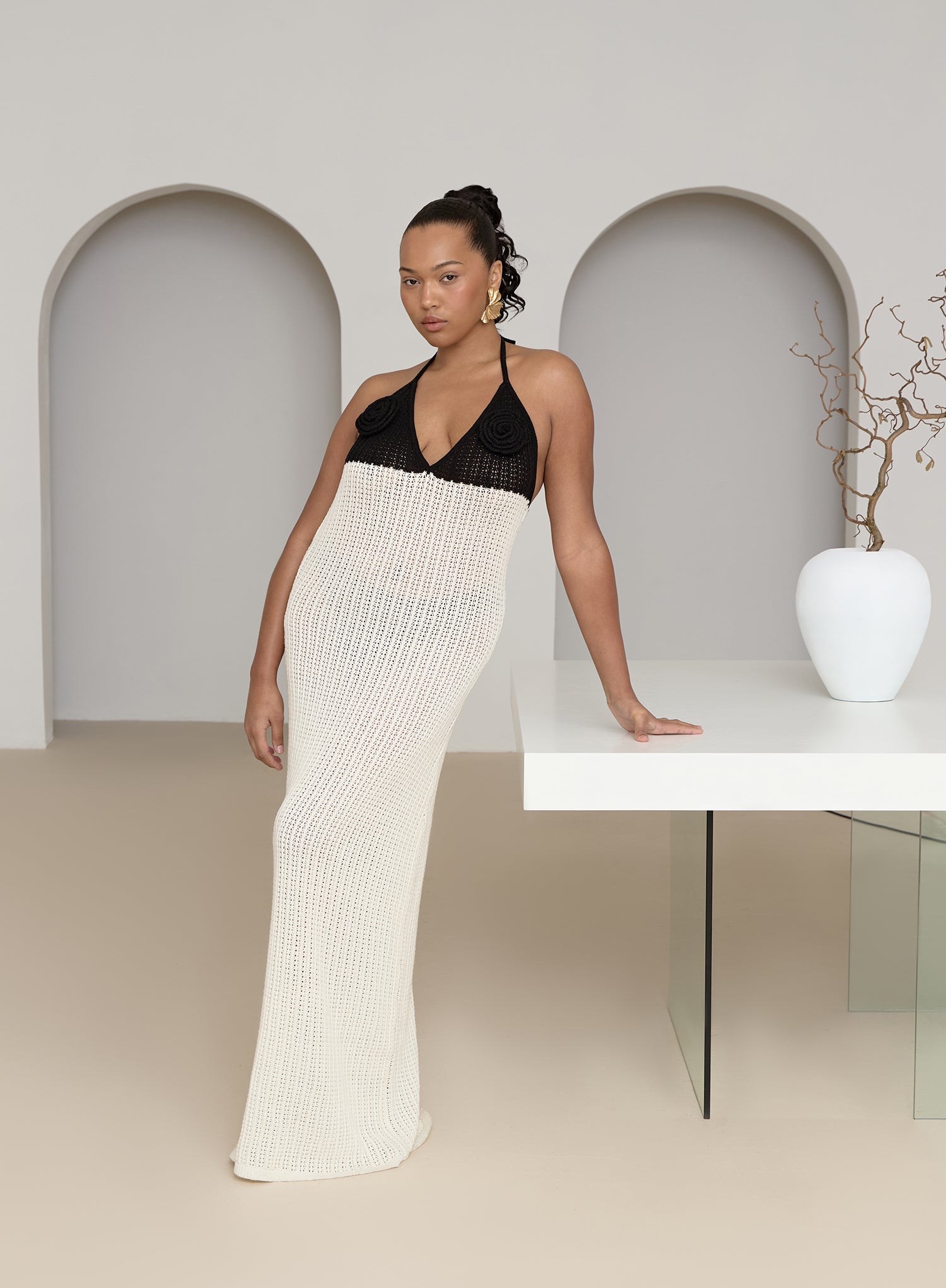 Cream And Black Knit Corsage Maxi Dress